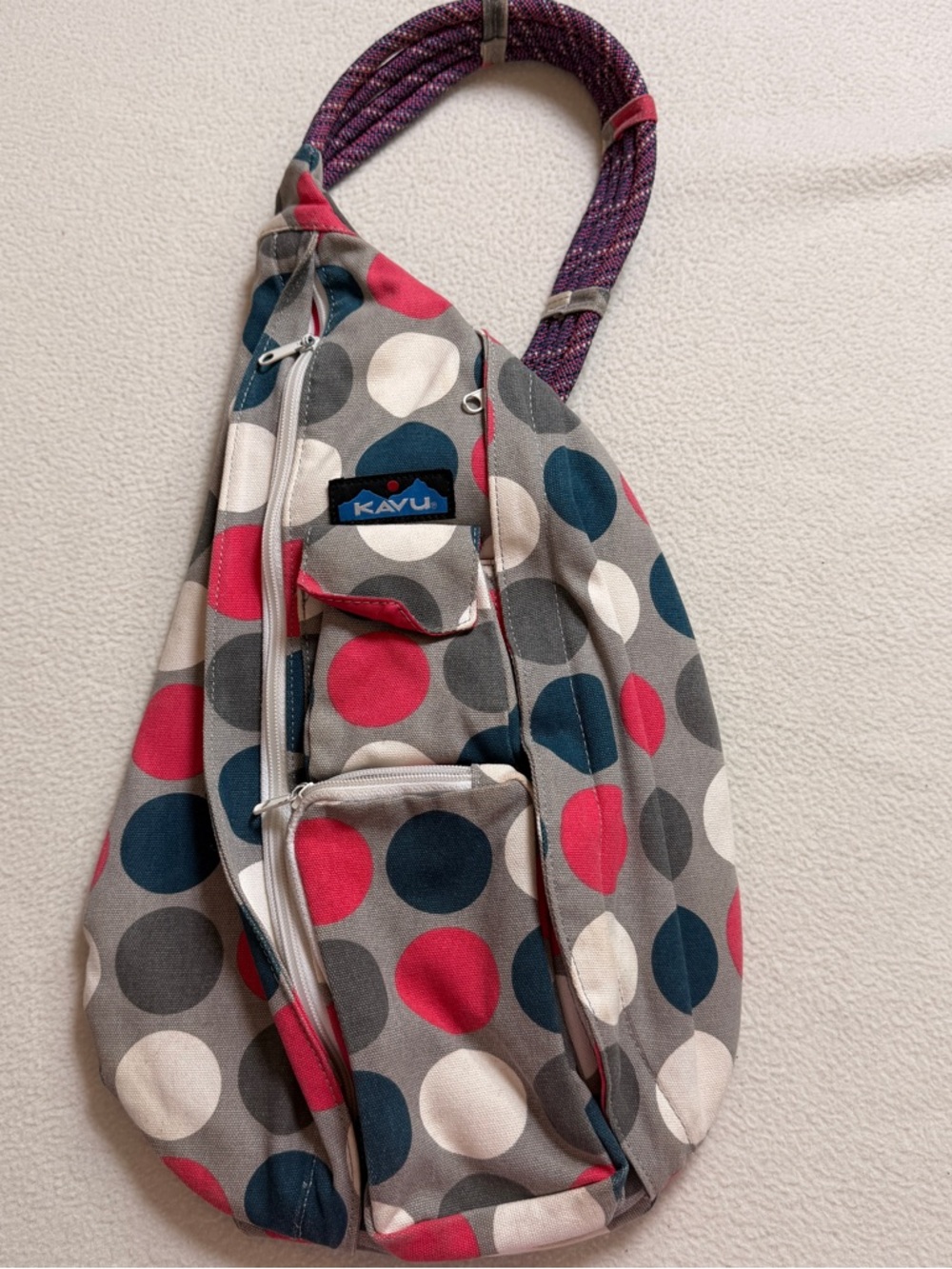 Kavu Women's Polka Dot Rope Sling Bag in Gray, Pink, Navy, White